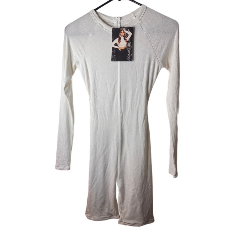 NWT Naked Wardrobe Womens Romper Jumpsuit White Long Sleeve Sculpt Slim Size S